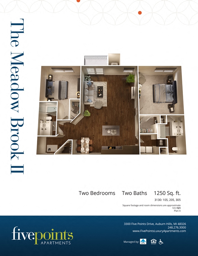 Floor plan for 2 beds, 2 baths, 1250 sqft